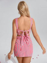 2pcs Women Red & White Plaid Tie-Up Camisole And Twisted Hem Mini Skirt Set,Valentine Day